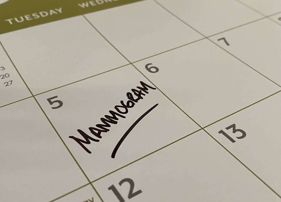 A calendar with mammogram written in a date box.
