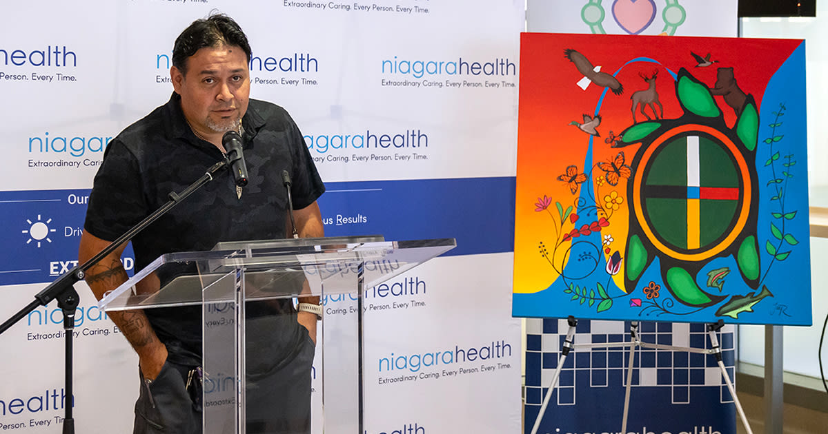 Indigenous artist Delbert (JayR) Jonathan presented the artwork he created for Niagara Health Monday at an unveiling event at the St. Catharines hospital.