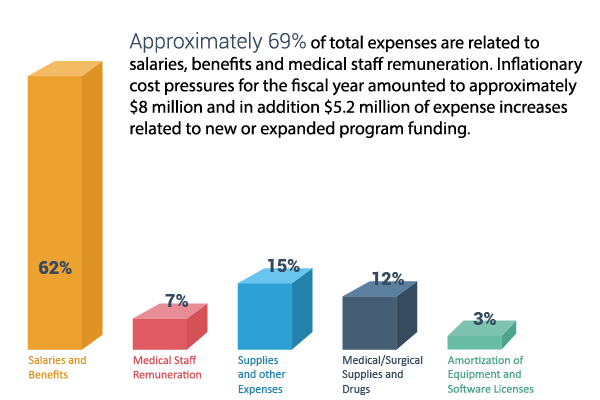 Approximately 69% of total expenses are related to salaries, benefits and medical staff remuneration. Inflationary cost pressures for the fiscal year amounted to approximately $8 million and in addition $5.2 million of expense increases related to new or expanded program funding.