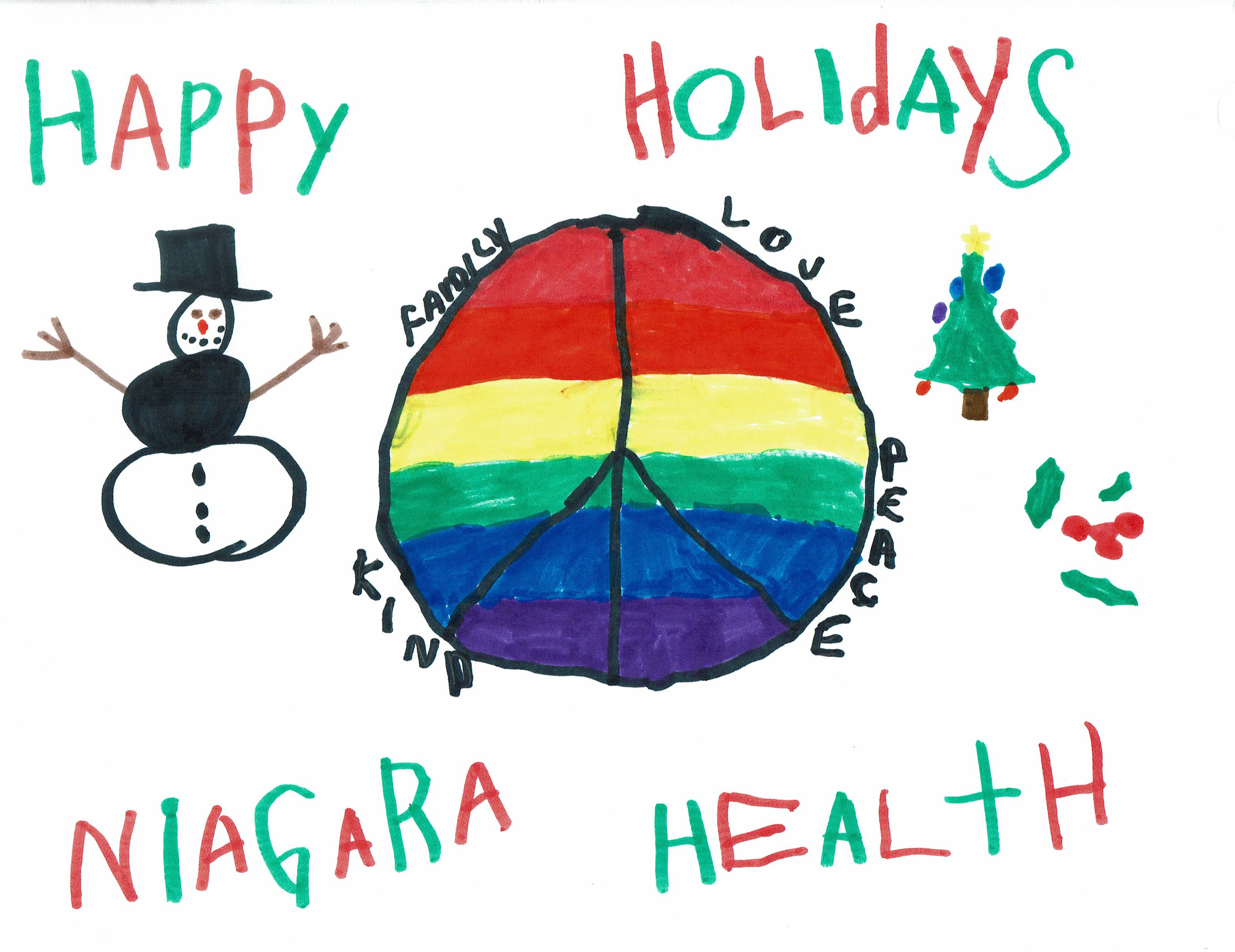 A holiday card featuring a snowman and rainbow peace sign