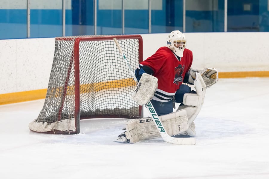 Defibrillators goalie in match versus Niagara Ice Docs, Feb. 26. 2025
