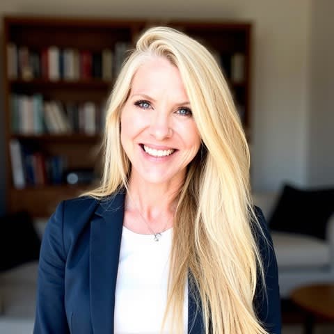 Kate Bezanson stands in front of a bookcase