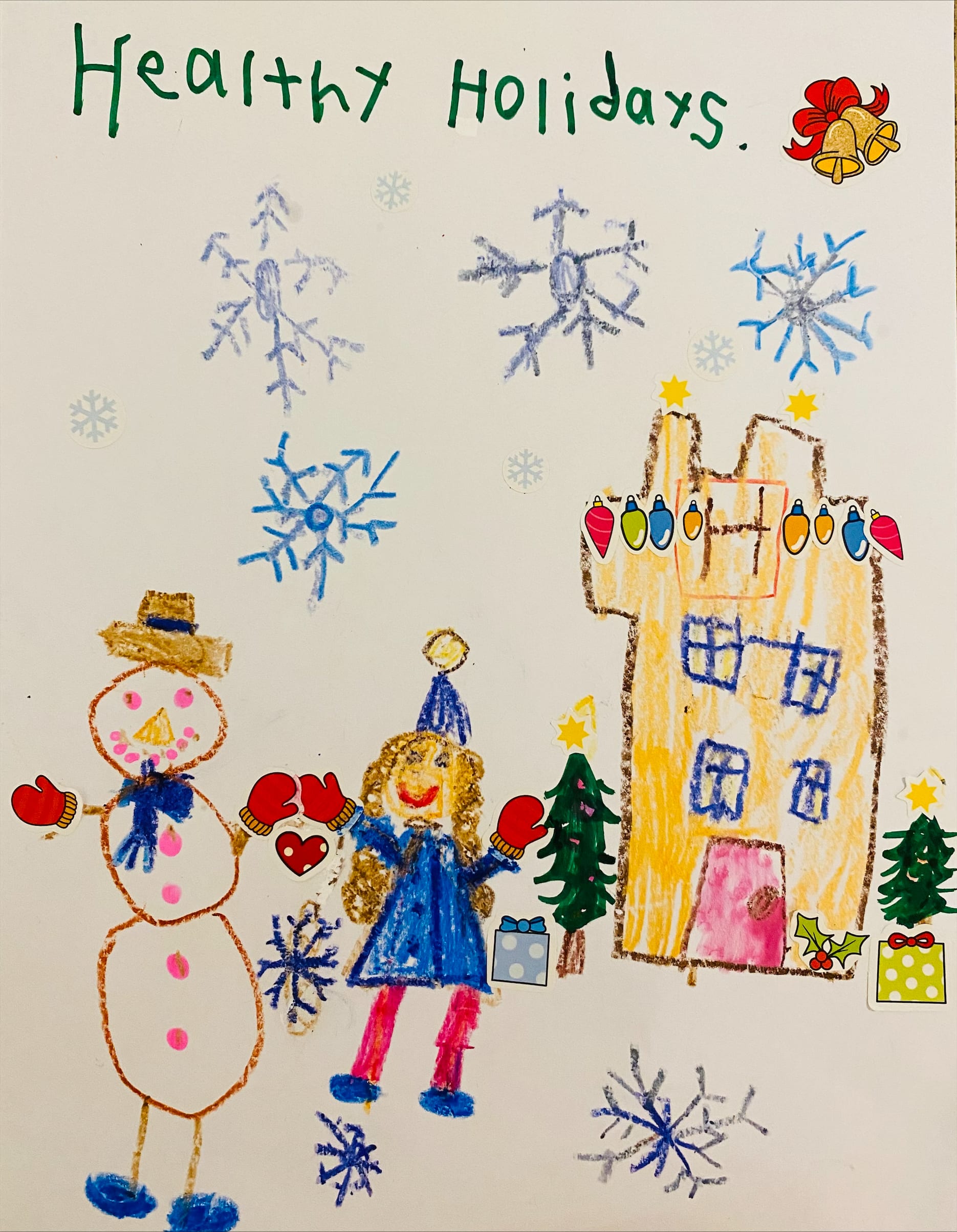 Kinsley Miller's winning card submission. A snowman and child hold hands outside a hospital and wish Healthy Holidays