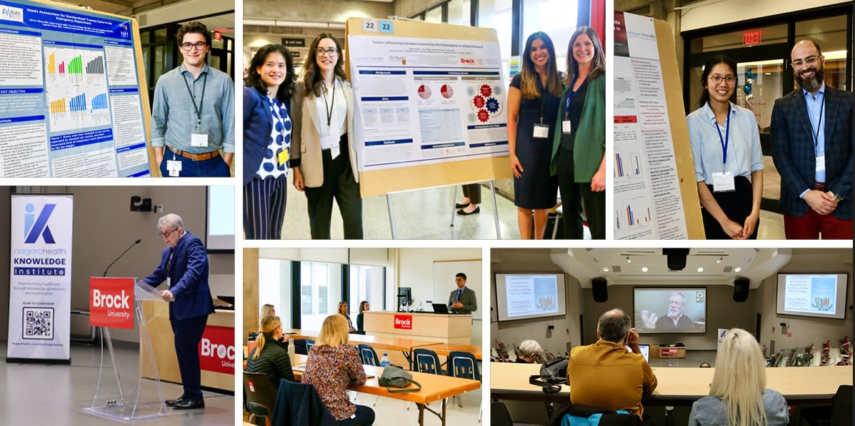 A collage of photos of people standing next to research posters and gathered to listen to presenters speak.