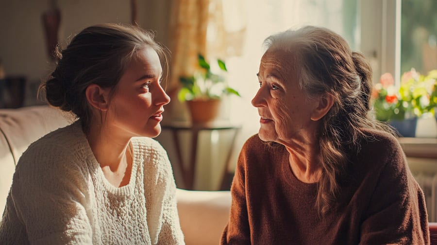 A family caregiver sits with an older adult. 